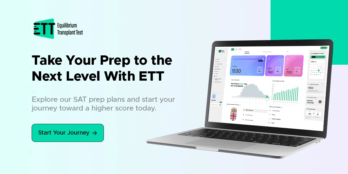 ETT score dashboard on a laptop next to the text “Take Your Prep to the Next Level With ETT — explore our SAT prep plans and start your journey toward a higher score today” and a Start Your Journey button