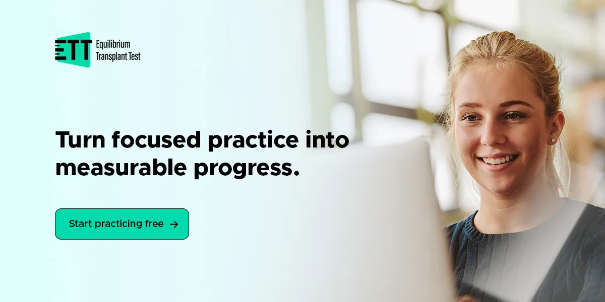 Smiling student studying on a laptop next to the text “Turn focused practice into measurable progress” and a Start practicing free button
