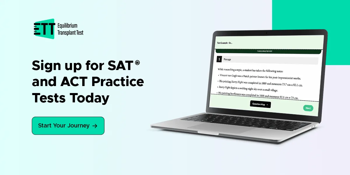 Laptop showing ETT's practice platform next to the text “Sign up for SAT® and ACT practice tests today”
