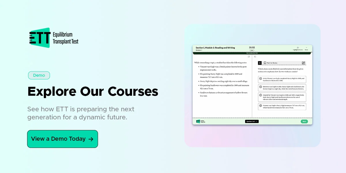ETT practice-test interface next to the text “Explore our courses — see how ETT is preparing the next generation for a dynamic future” and a View a Demo Today button