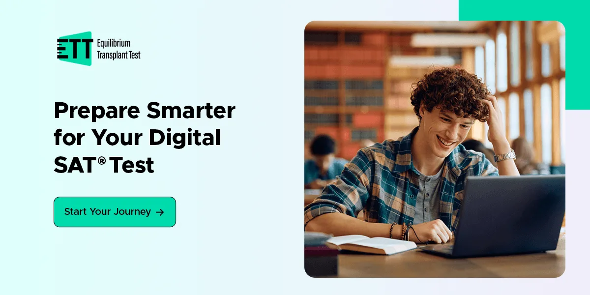 Student taking the digital SAT® on a laptop in a library, next to the text “Prepare smarter for your digital SAT® test”